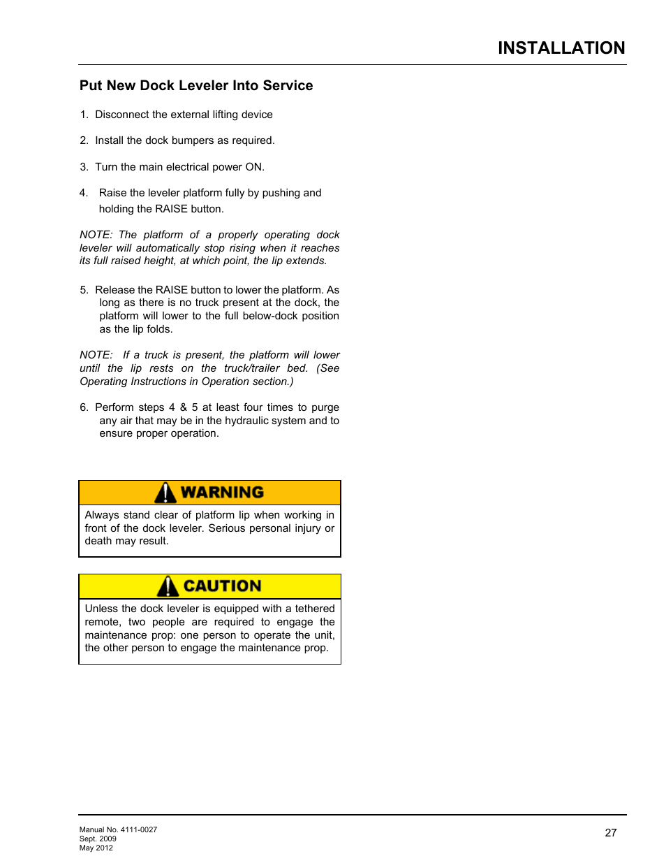 Installation, Put new dock leveler into service | Poweramp HED SERIES HYDRAULIC User Manual | Page 29 / 48