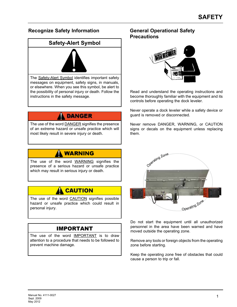 Safety, Safety-alert symbol, Important | Recognize safety information, General operational safety precautions | Poweramp HED SERIES HYDRAULIC User Manual | Page 3 / 48