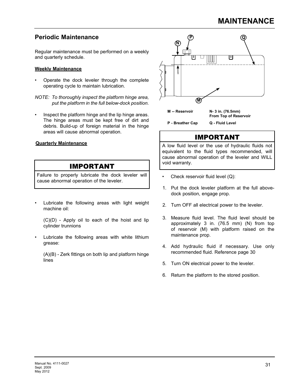 Maintenance, Important, Periodic maintenance | Poweramp HED SERIES HYDRAULIC User Manual | Page 33 / 48