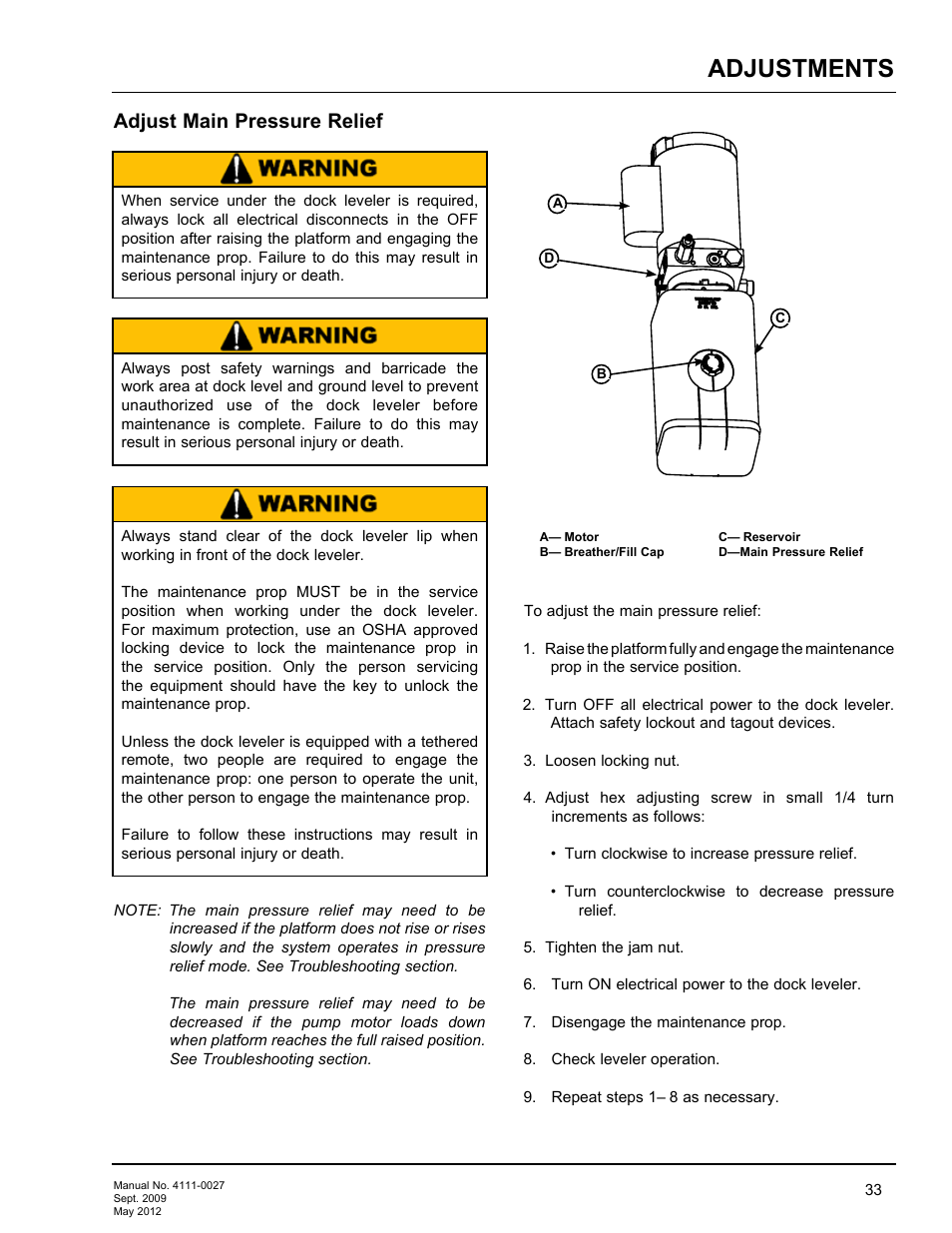 Adjustments, Adjust main pressure relief | Poweramp HED SERIES HYDRAULIC User Manual | Page 35 / 48