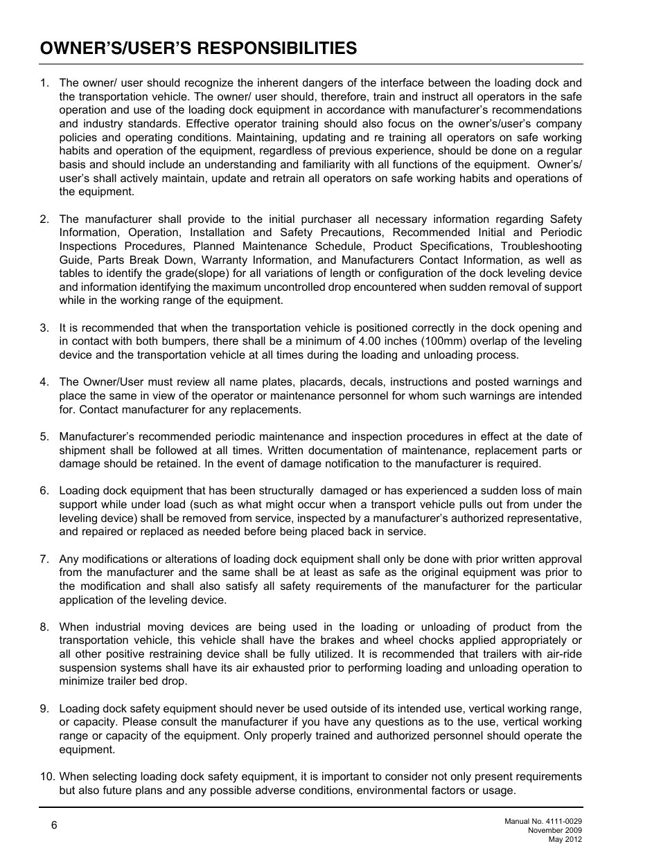 Owner’s/user’s responsibilities | Poweramp HNL SERIES HYDRAULIC User Manual | Page 8 / 48