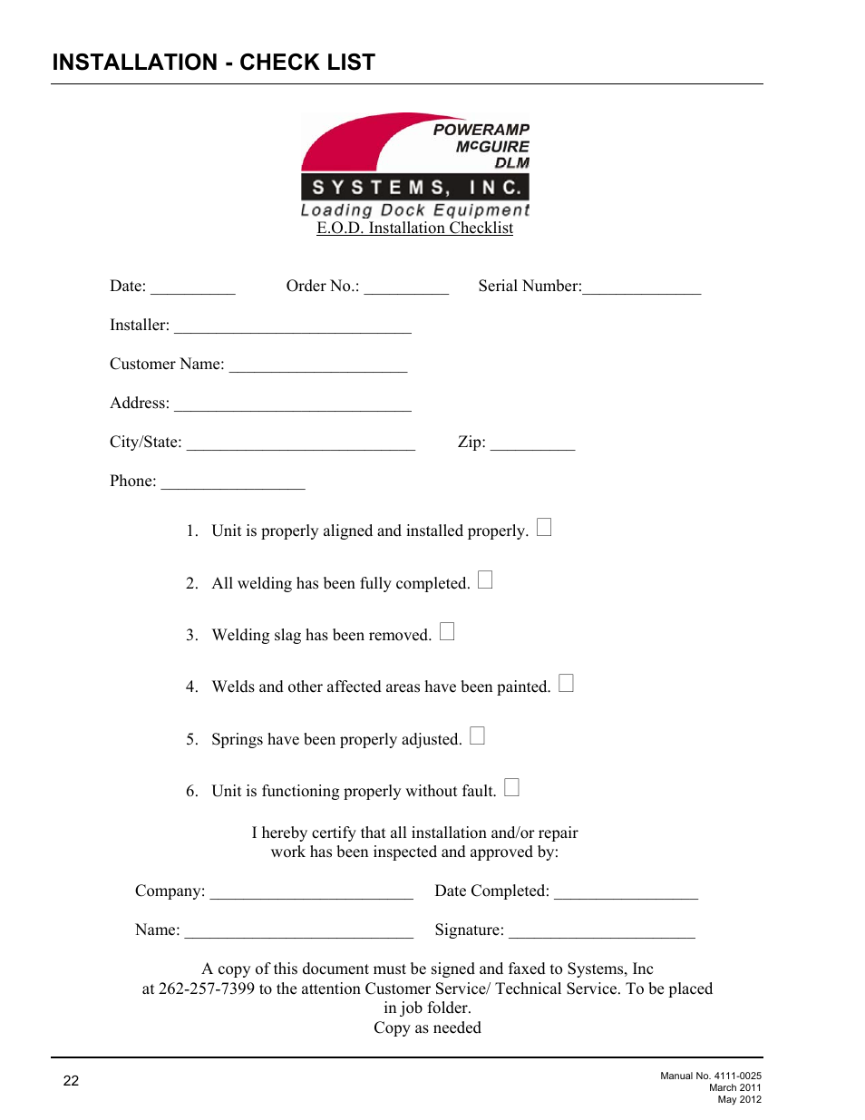 Installation - check list | Poweramp EOD DL-NL-TS SERIES User Manual | Page 24 / 44