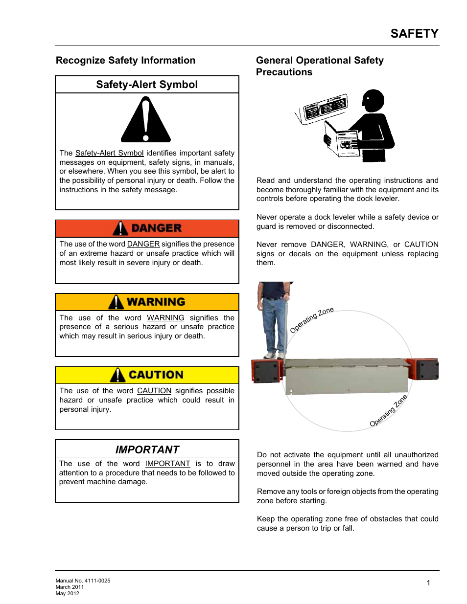 Safety, Safety-alert symbol, Important | Recognize safety information, General operational safety precautions | Poweramp EOD DL-NL-TS SERIES User Manual | Page 3 / 44