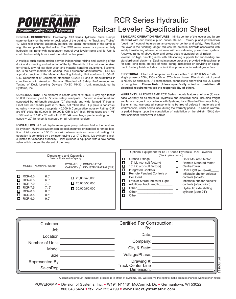 Certified for construction | Poweramp RCR SERIES HYDRAULIC User Manual | Page 2 / 2
