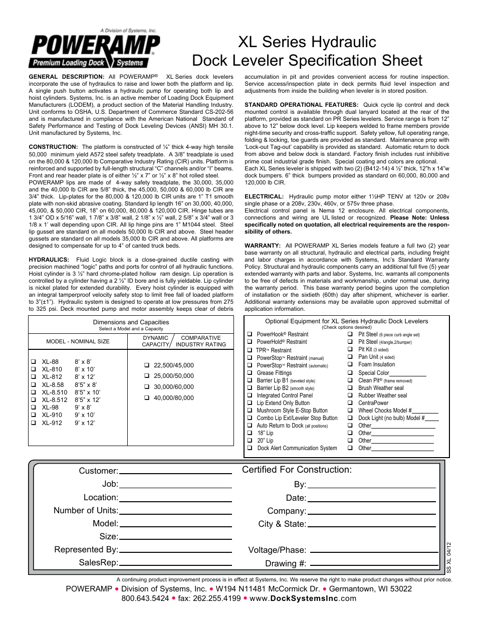 Certified for construction | Poweramp XL SERIES HYDRAULIC User Manual | Page 2 / 2