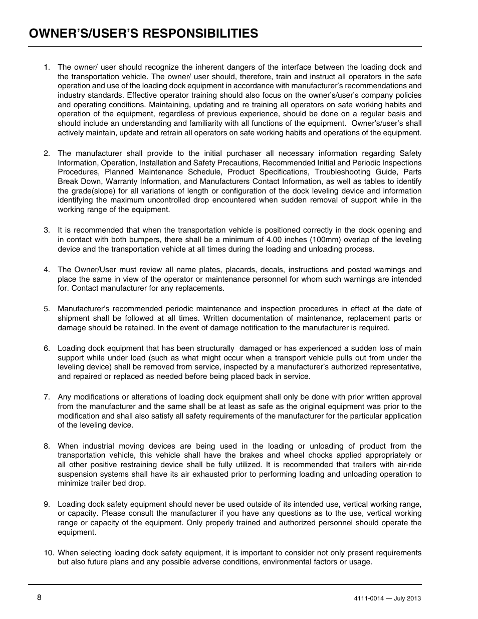 Owner’s/user’s responsibilities | Poweramp POWERSTOP SERIES User Manual | Page 10 / 36