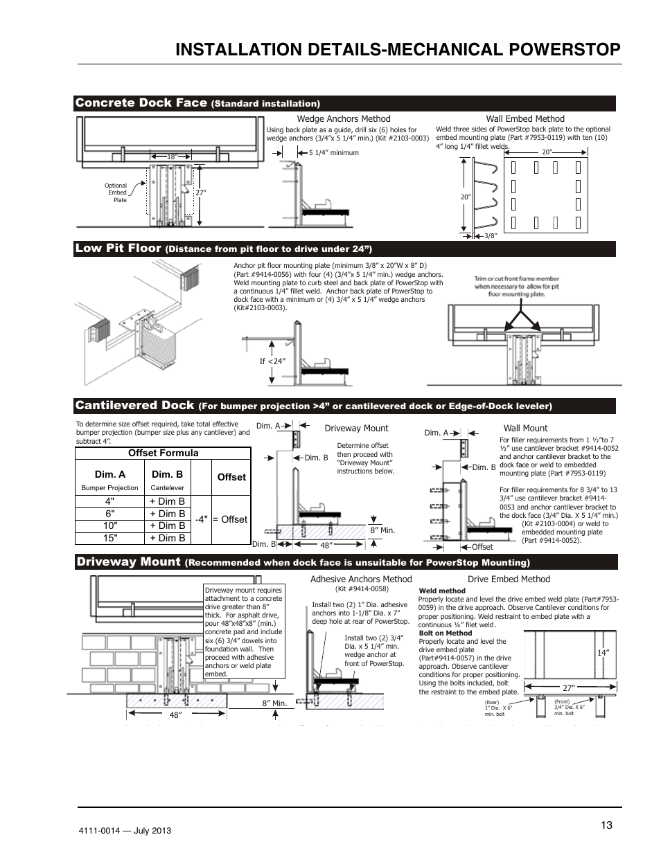 Manual powerstop installation overview, Installation details-mechanical powerstop, Concrete dock face | Low pit floor, Cantilevered dock, Driveway mount | Poweramp POWERSTOP SERIES User Manual | Page 15 / 36