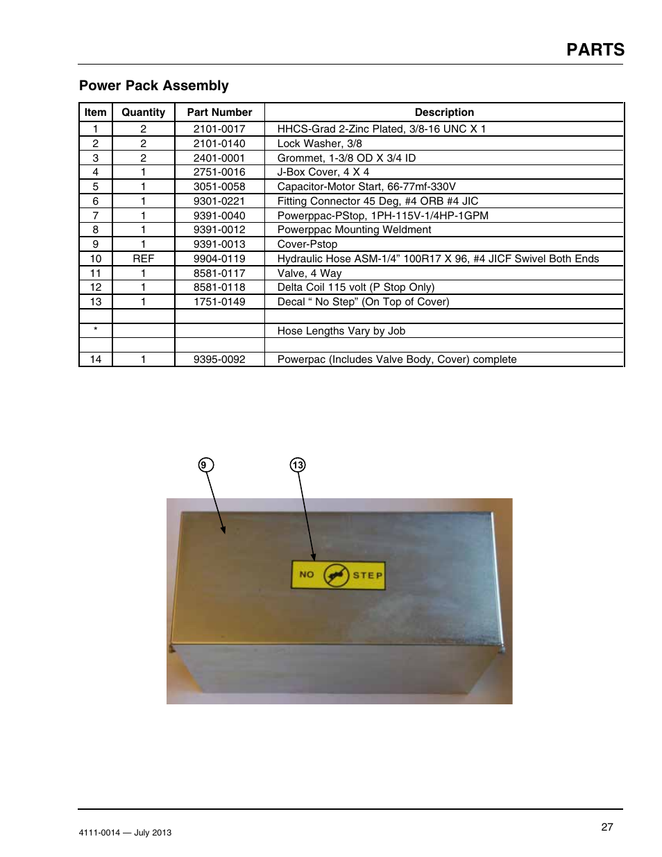 Parts, Power pack assembly | Poweramp POWERSTOP SERIES User Manual | Page 29 / 36