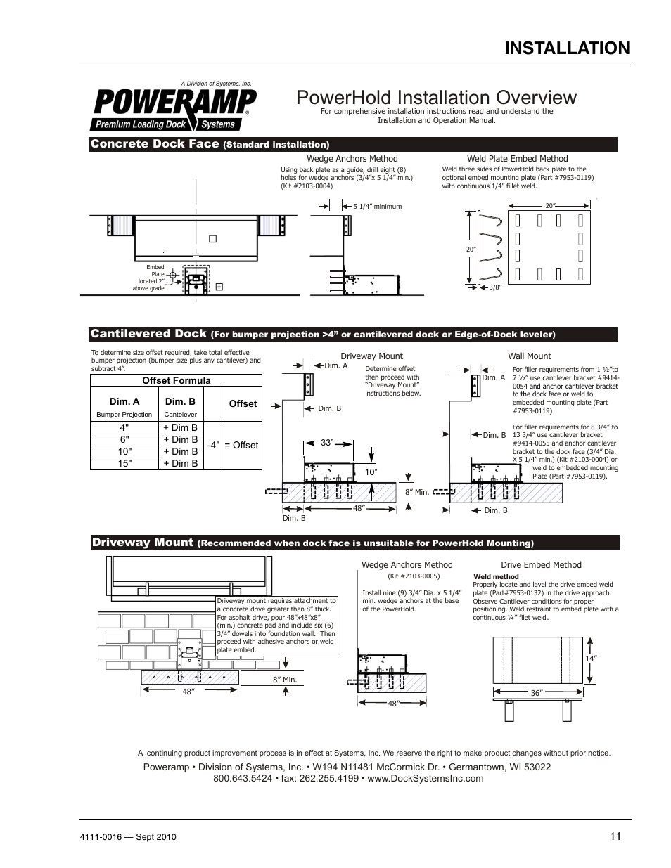 Powerhold installation overview, Installation, Concrete dock face | Driveway mount, Cantilevered dock | Poweramp POWERHOLD SC SERIES User Manual | Page 13 / 56