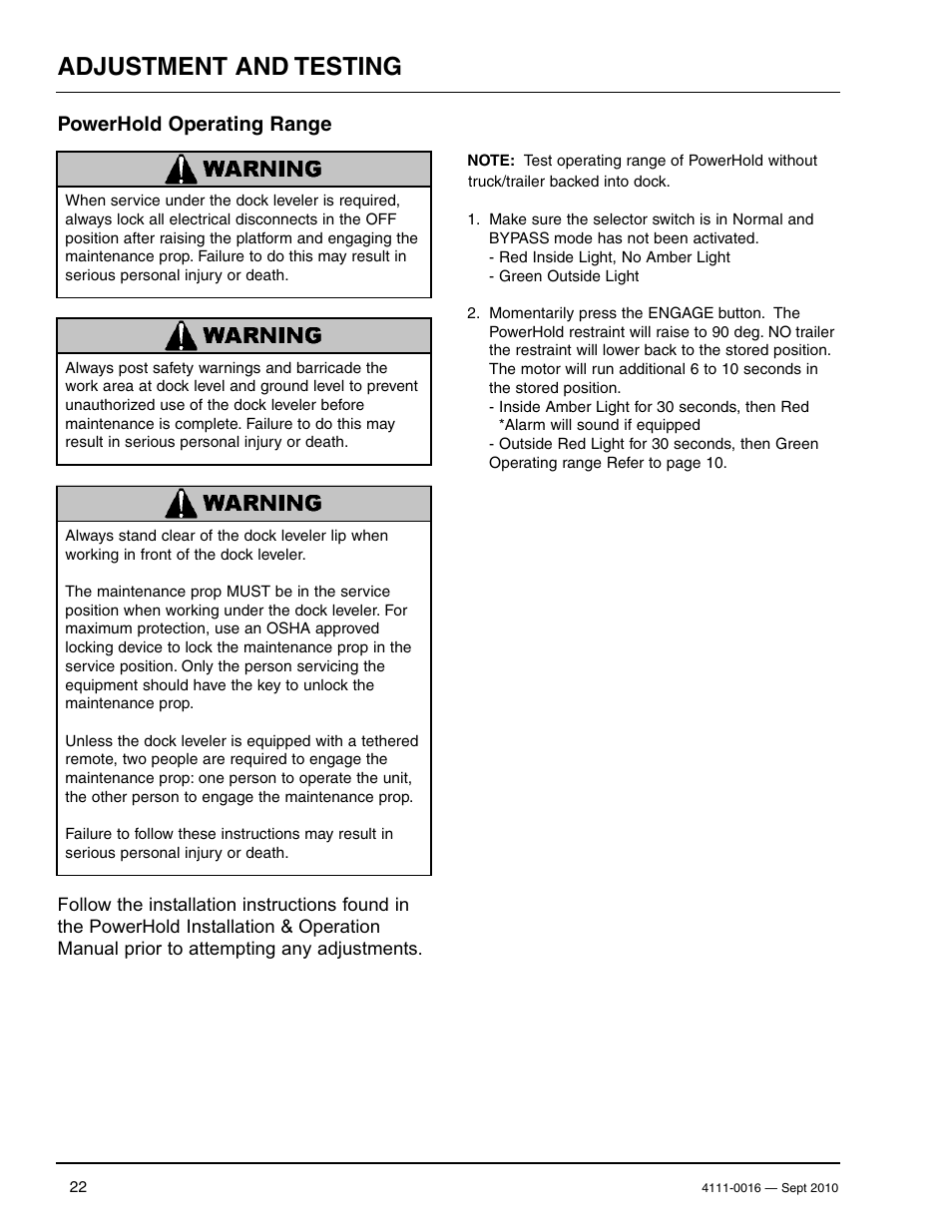 Adjustment and testing, Powerhold operating range | Poweramp POWERHOLD SC SERIES User Manual | Page 24 / 56