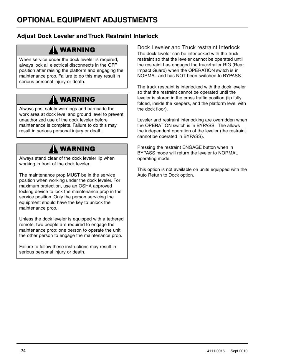 Optional equipment adjustments, Adjust dock leveler and truck restraint interlock | Poweramp POWERHOLD SC SERIES User Manual | Page 26 / 56