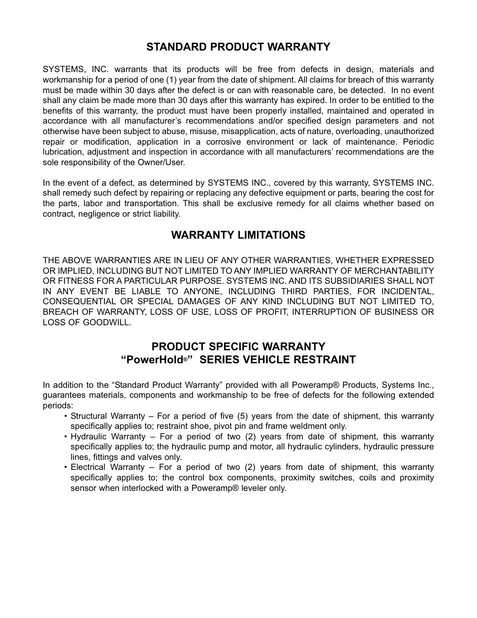 Standard product warranty, Warranty limitations, Product specific warranty “powerhold | Series vehicle restraint | Poweramp POWERHOLD SC SERIES User Manual | Page 56 / 56