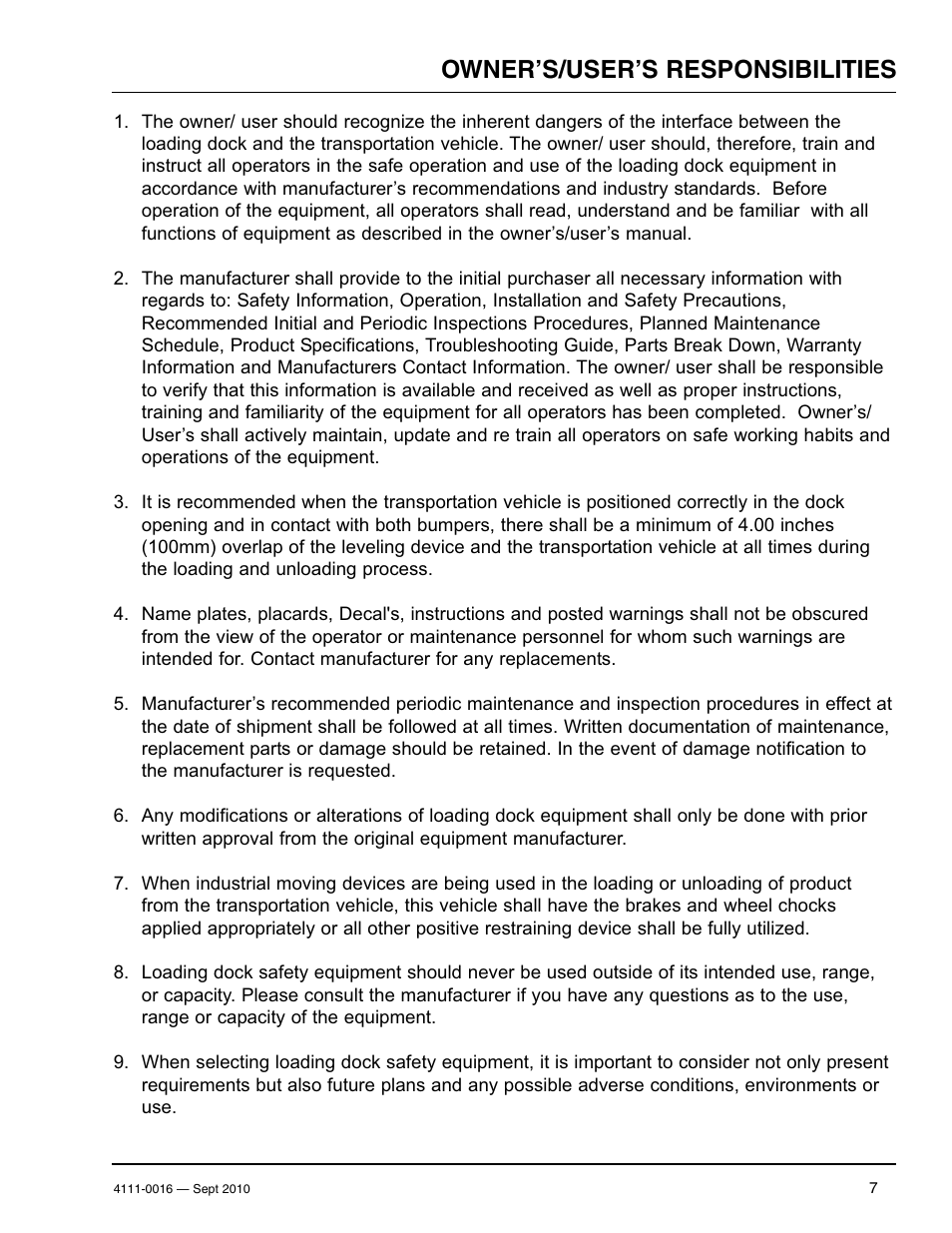 Owner’s/user’s responsibilities | Poweramp POWERHOLD SC SERIES User Manual | Page 9 / 56