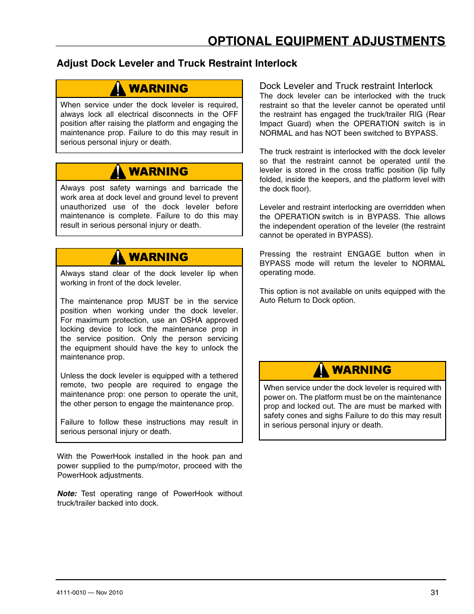 Optional equipment adjustments, Adjust dock leveler and truck restraint interlock | Poweramp POWERHOOK SERIES User Manual | Page 33 / 60