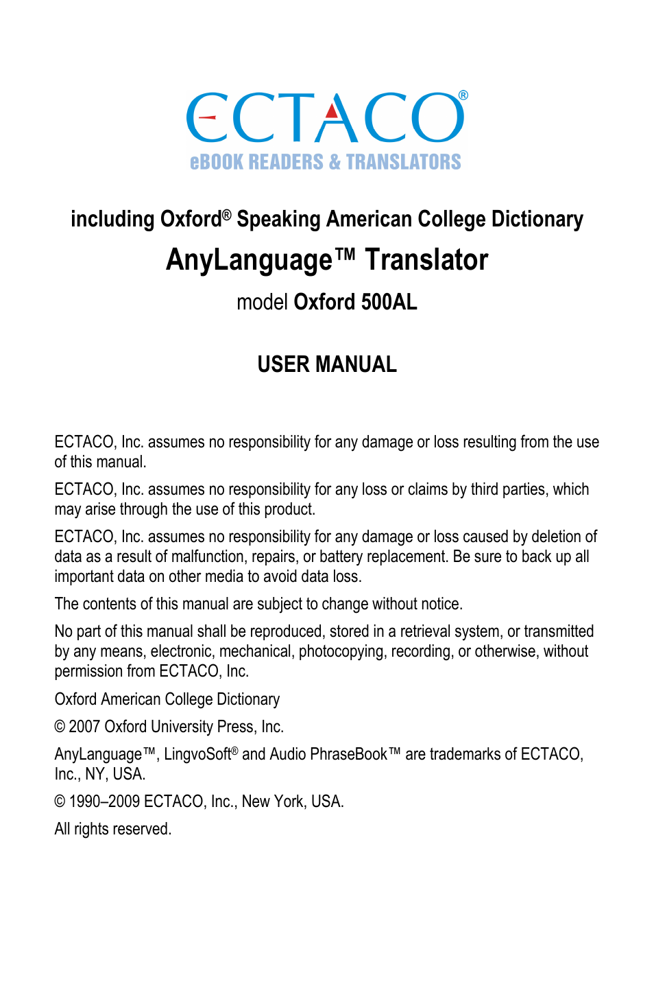 ECTACO Partner 500 Al User Manual | 11 pages