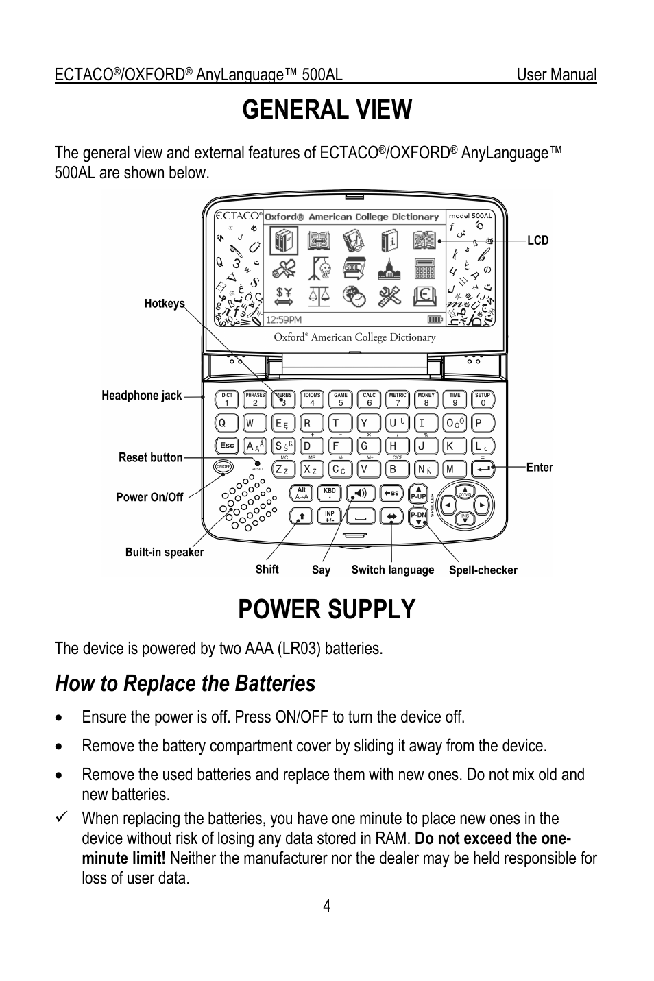 General view, Power supply, How to replace the batteries | ECTACO Partner 500 Al User Manual | Page 4 / 11