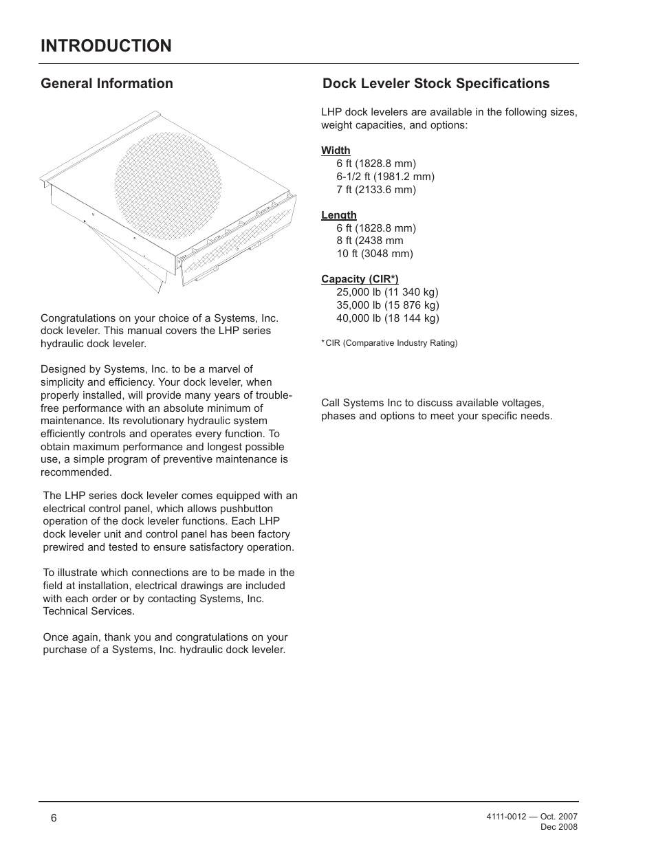 Introduction, General information, Dock leveler stock specifications | Poweramp LHP SERIES HYDRAULIC 4.2009 User Manual | Page 8 / 36