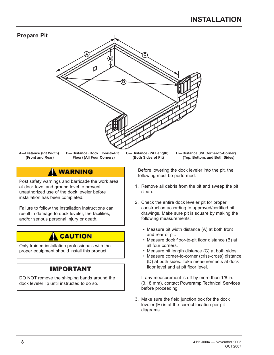 Installation, Important, Prepare pit | Poweramp EH SERIES HYDRAULIC 4.2009 User Manual | Page 10 / 48