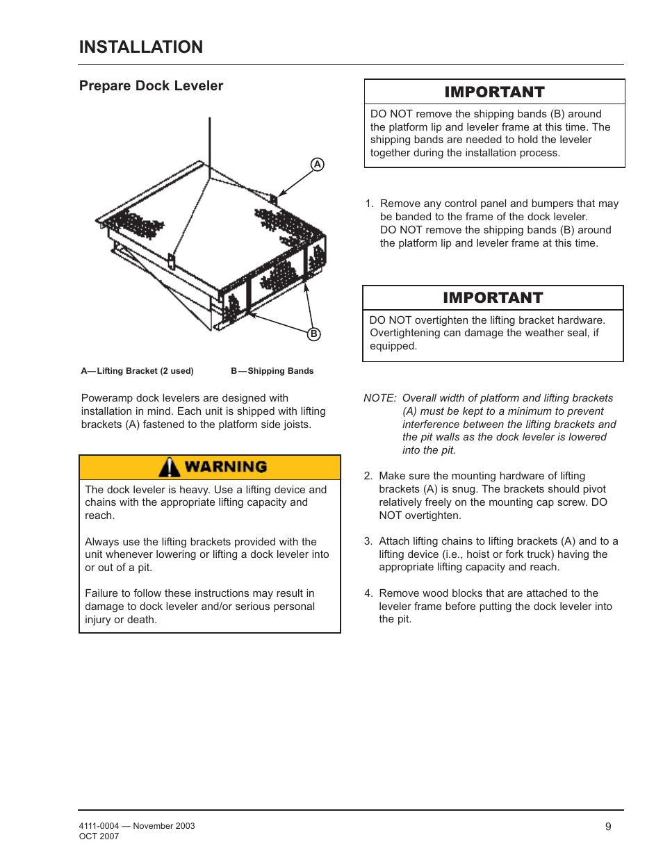 Installation, Important, Prepare dock leveler | Poweramp EH SERIES HYDRAULIC 4.2009 User Manual | Page 11 / 48