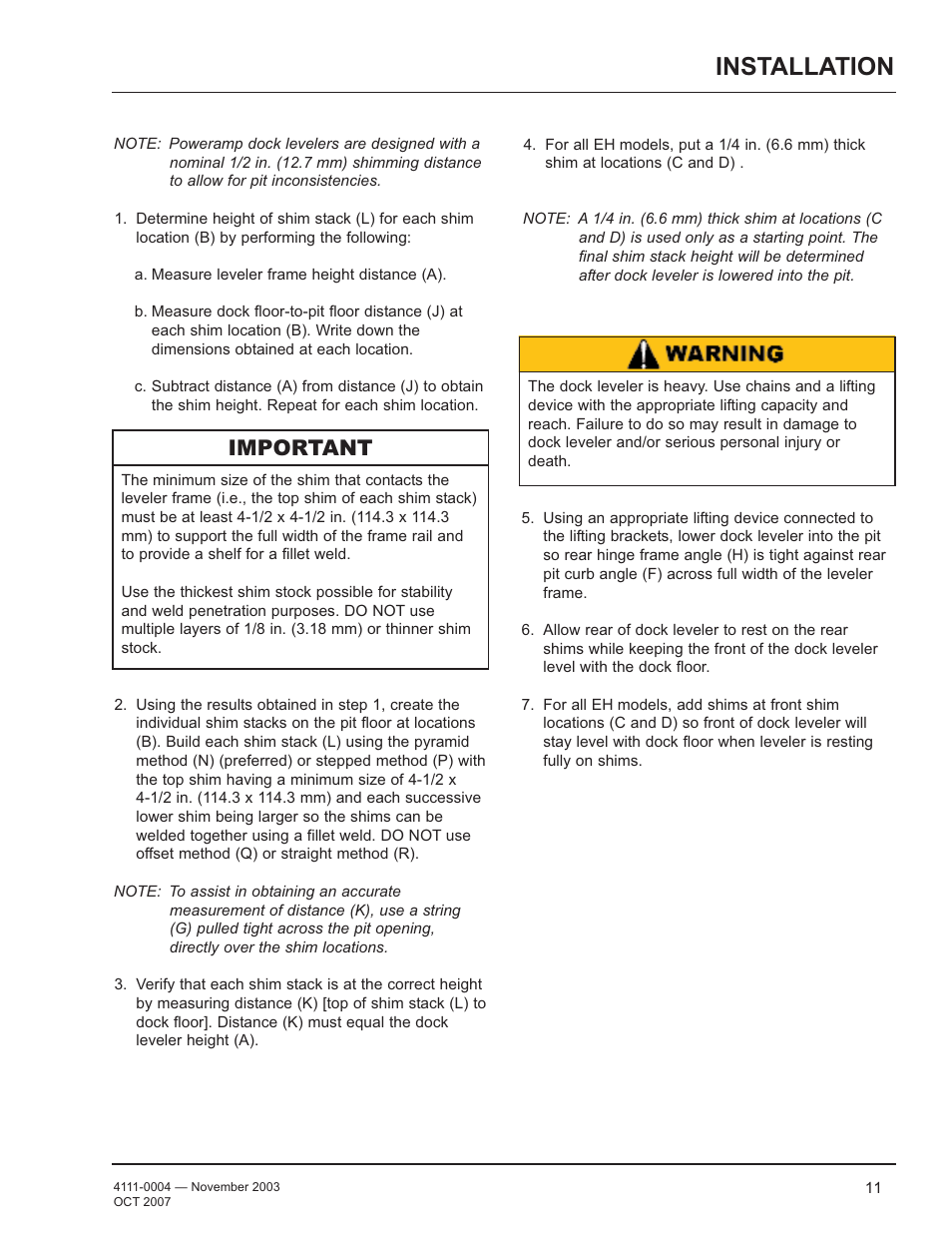 Installation, Important | Poweramp EH SERIES HYDRAULIC 4.2009 User Manual | Page 13 / 48