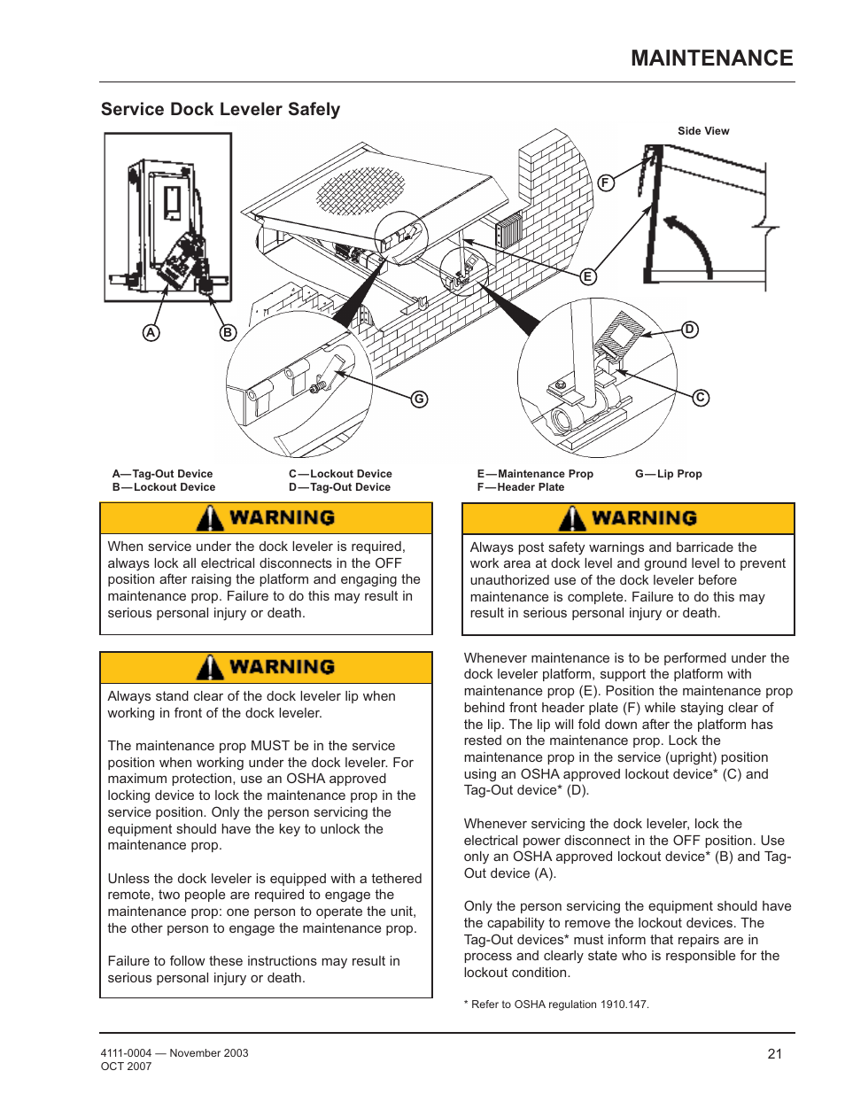 Maintenance, Service dock leveler safely | Poweramp EH SERIES HYDRAULIC 4.2009 User Manual | Page 23 / 48