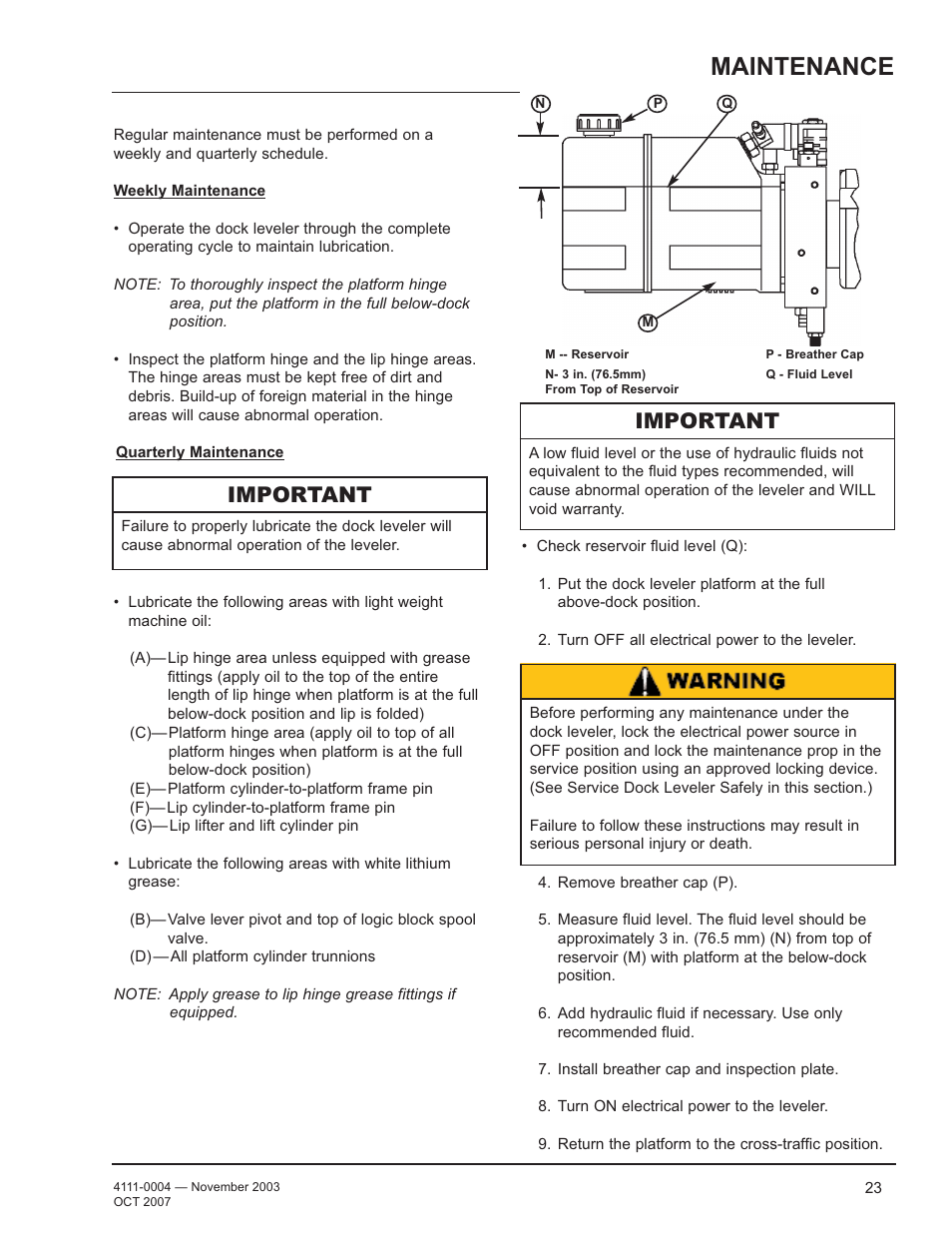 Maintenance, Important | Poweramp EH SERIES HYDRAULIC 4.2009 User Manual | Page 25 / 48