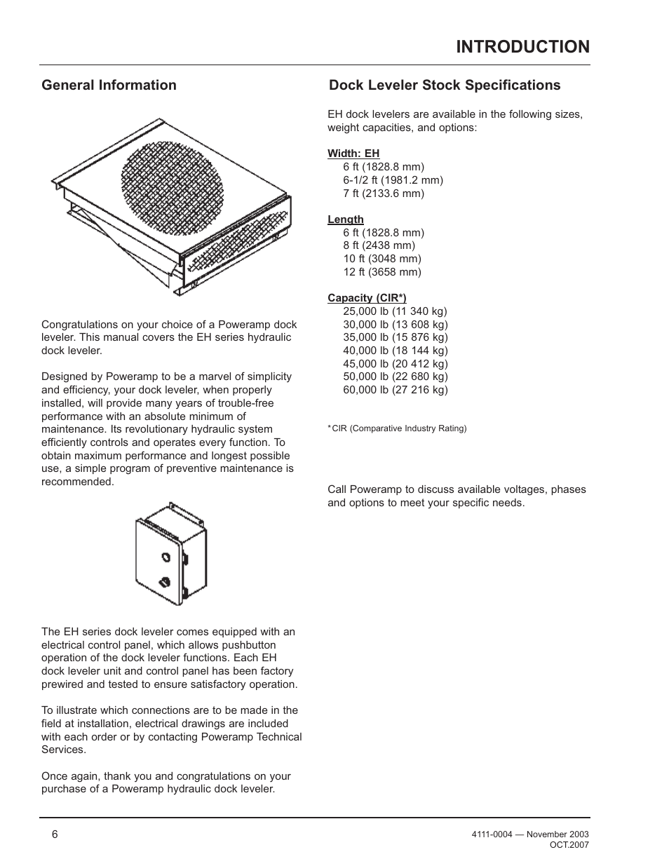 Introduction, General information, Dock leveler stock specifications | Poweramp EH SERIES HYDRAULIC 4.2009 User Manual | Page 8 / 48