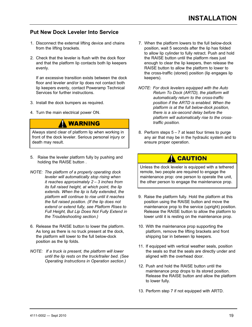 Installation, Put new dock leveler into service | Poweramp VH SERIES HYDRAULIC 10.2011 User Manual | Page 21 / 52