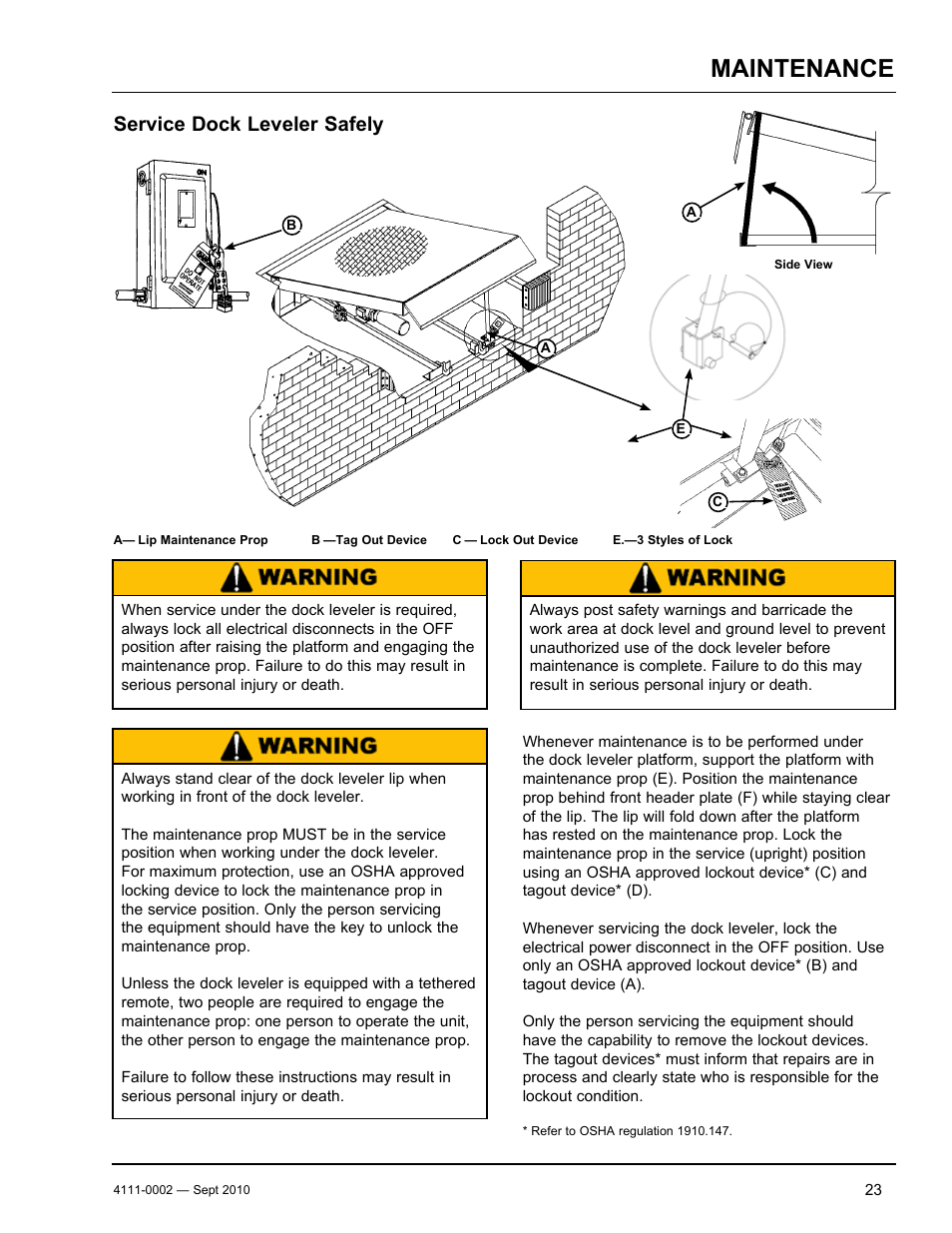 Maintenance, Service dock leveler safely | Poweramp VH SERIES HYDRAULIC 10.2011 User Manual | Page 25 / 52