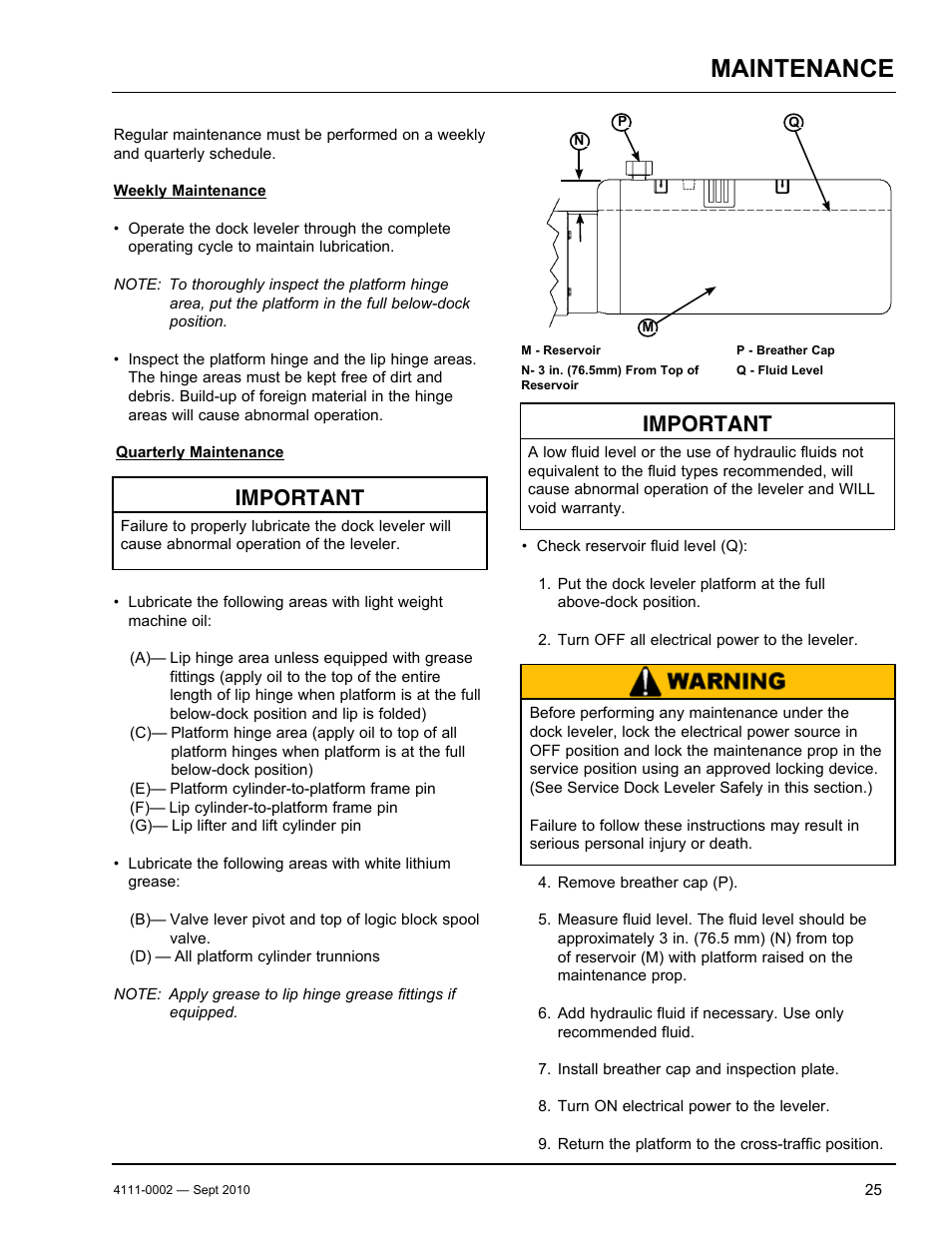 Maintenance, Important | Poweramp VH SERIES HYDRAULIC 10.2011 User Manual | Page 27 / 52