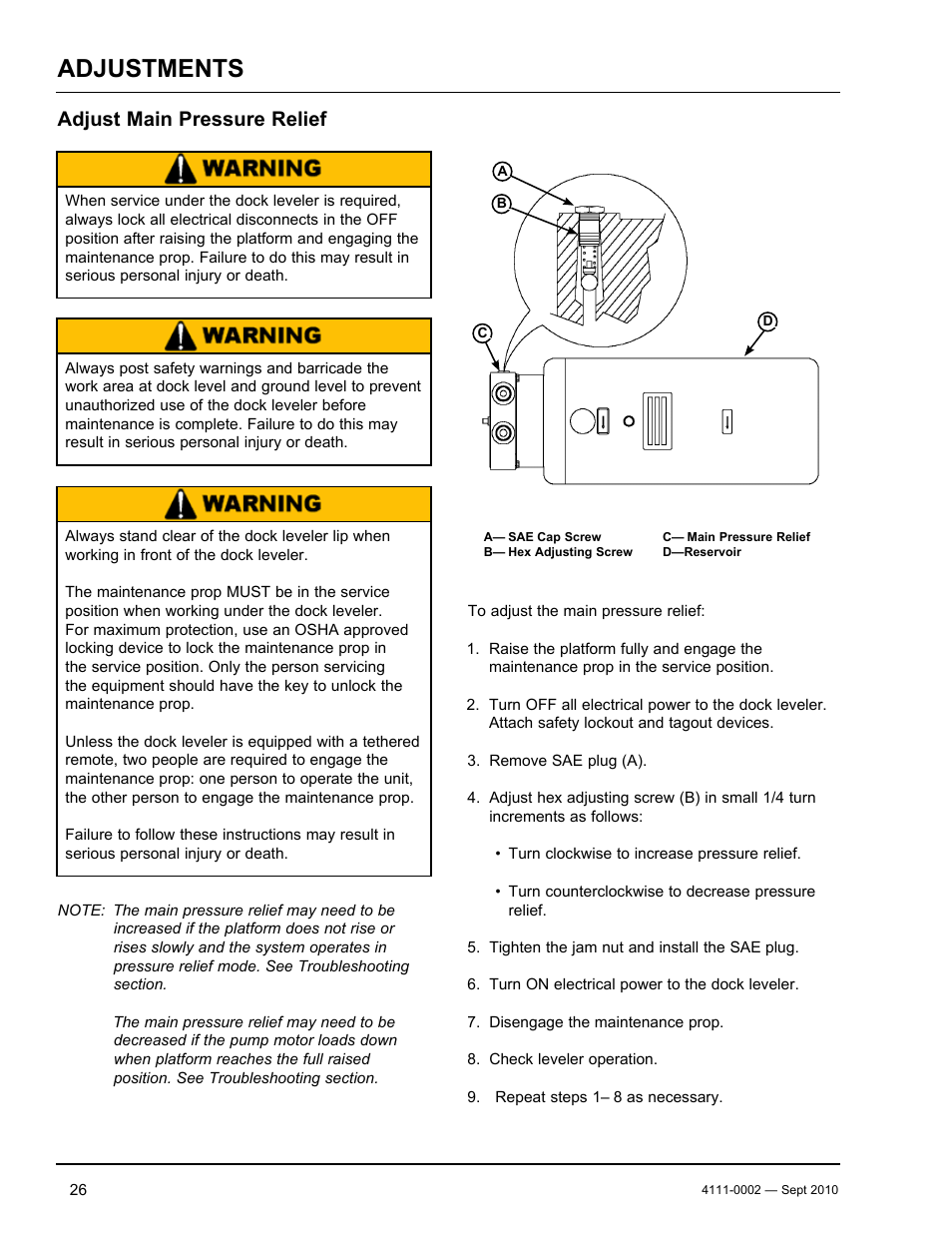 Adjustments, Adjust main pressure relief | Poweramp VH SERIES HYDRAULIC 10.2011 User Manual | Page 28 / 52