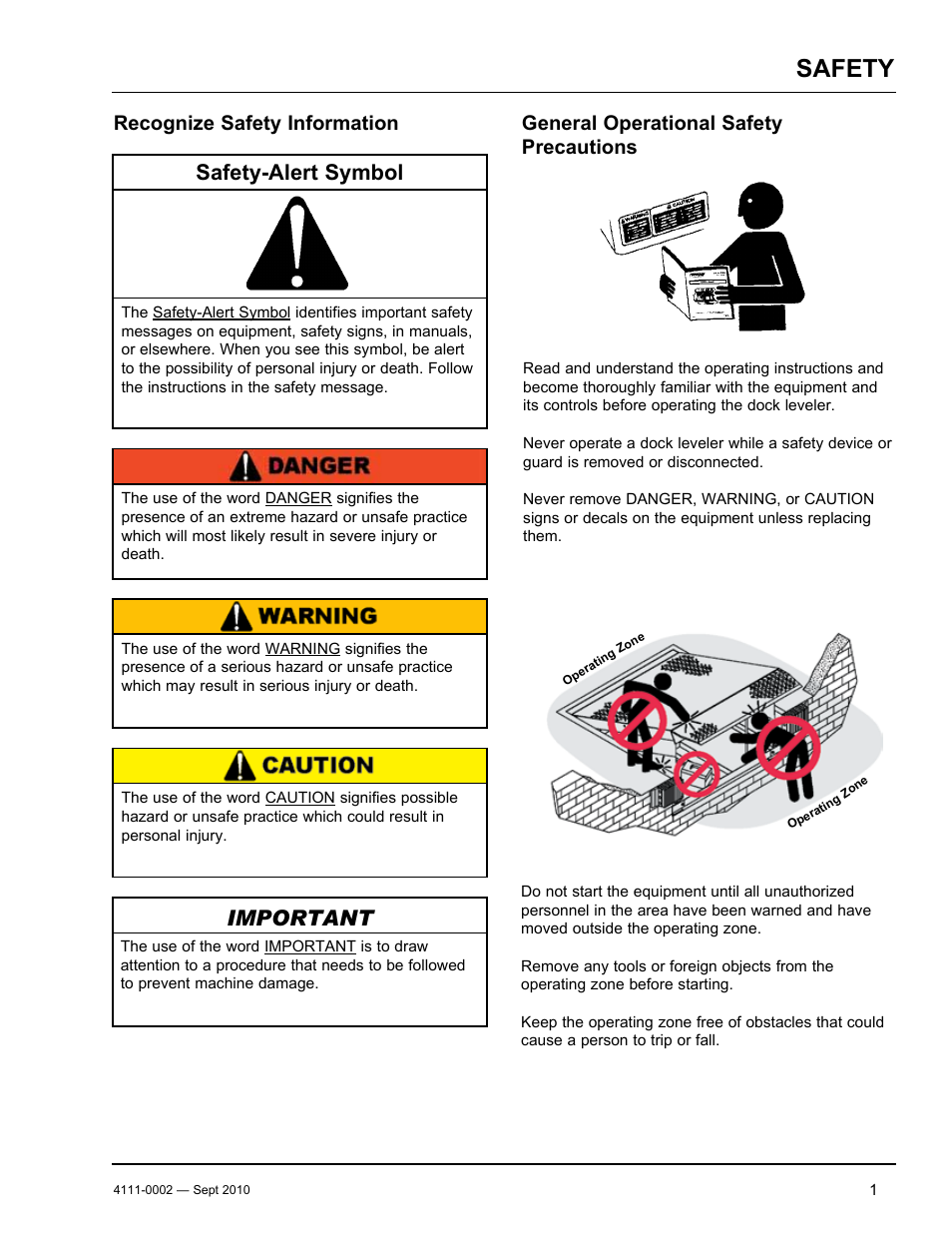 Safety, Safety-alert symbol, Important | Recognize safety information, General operational safety precautions | Poweramp VH SERIES HYDRAULIC 10.2011 User Manual | Page 3 / 52