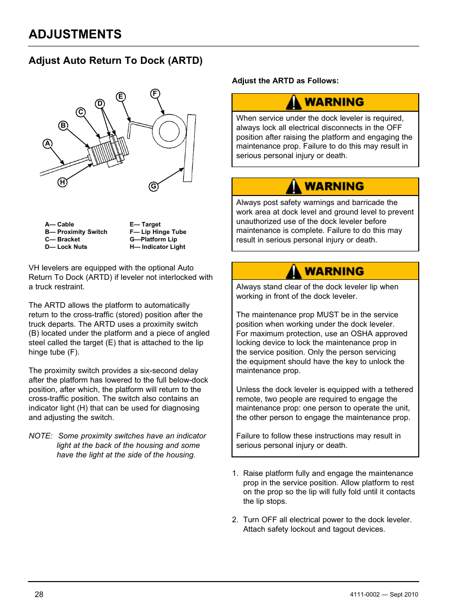 Adjustments, Adjust auto return to dock (artd) | Poweramp VH SERIES HYDRAULIC 10.2011 User Manual | Page 30 / 52