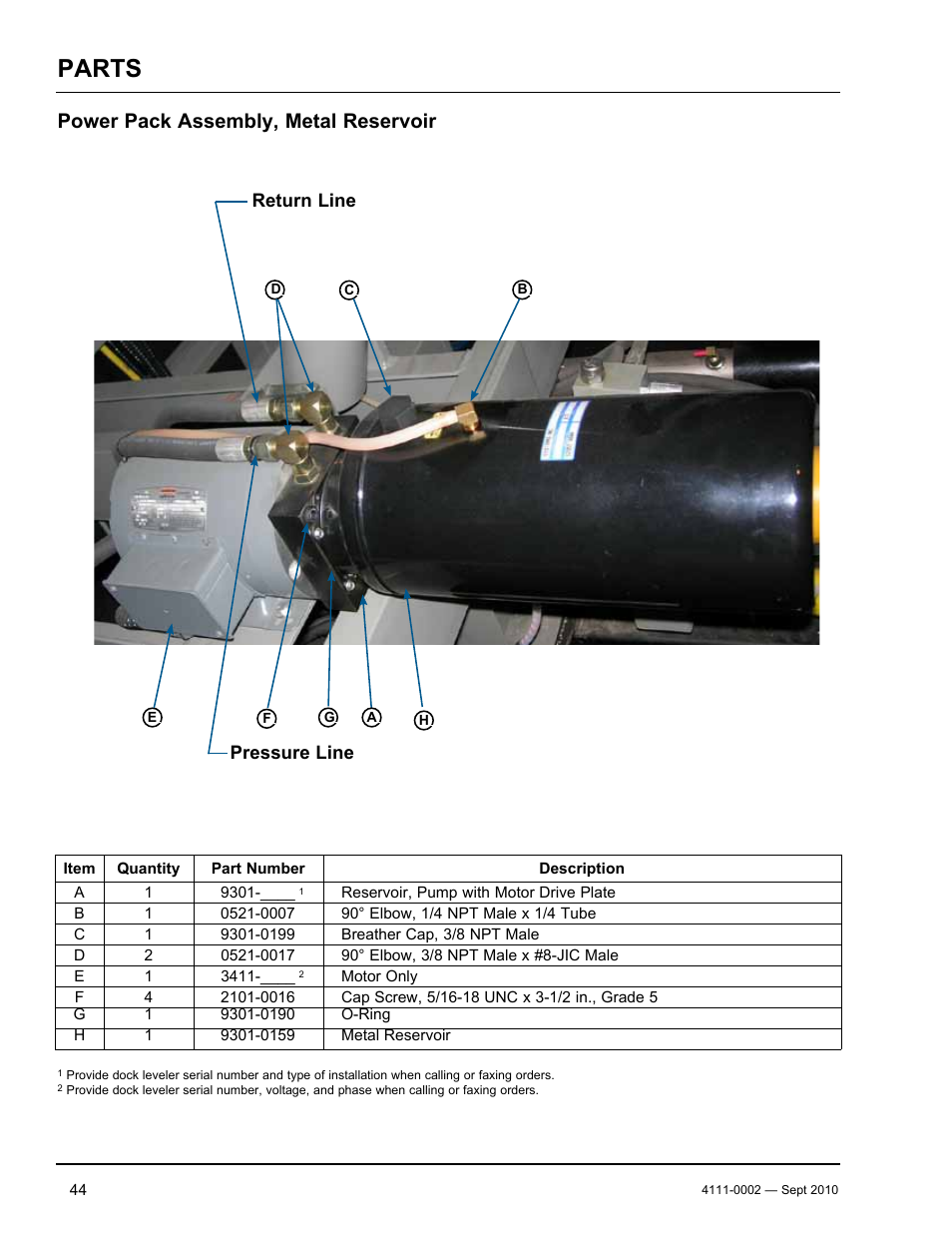 Parts, Power pack assembly, metal reservoir | Poweramp VH SERIES HYDRAULIC 10.2011 User Manual | Page 46 / 52