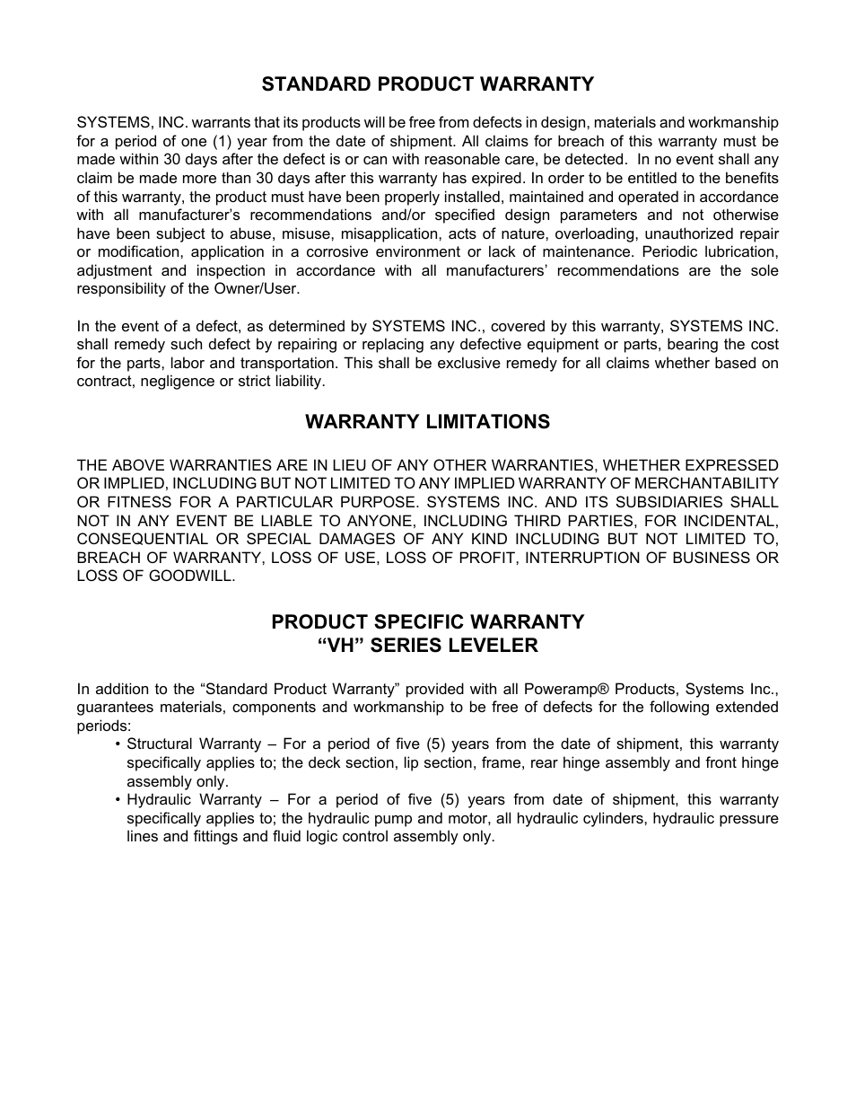 Standard product warranty, Warranty limitations, Product specific warranty “vh” series leveler | Poweramp VH SERIES HYDRAULIC 10.2011 User Manual | Page 52 / 52