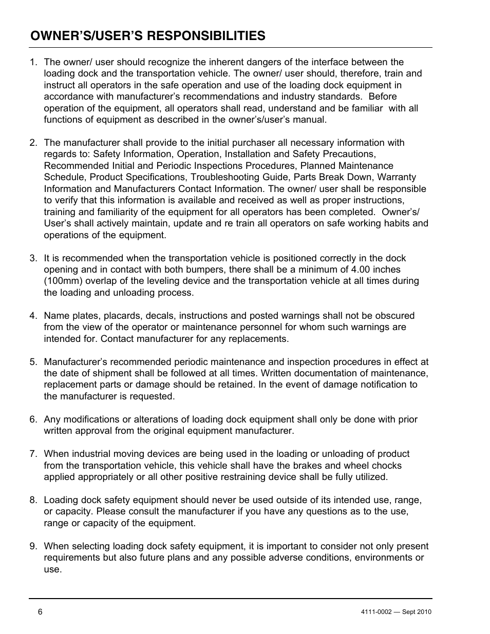 Owner’s/user’s responsibilities | Poweramp VH SERIES HYDRAULIC 10.2011 User Manual | Page 8 / 52