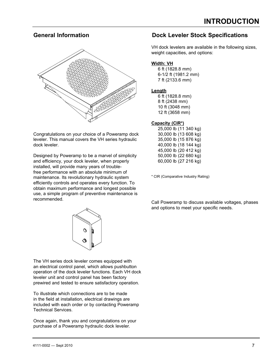 Introduction, General information, Dock leveler stock specifications | Poweramp VH SERIES HYDRAULIC 10.2011 User Manual | Page 9 / 52