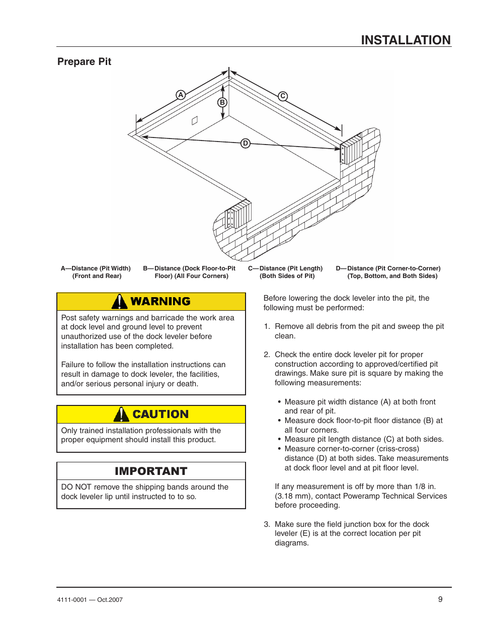 Installation, Important, Prepare pit | Poweramp PR SERIES HYDRAULIC 4.2009 User Manual | Page 11 / 56