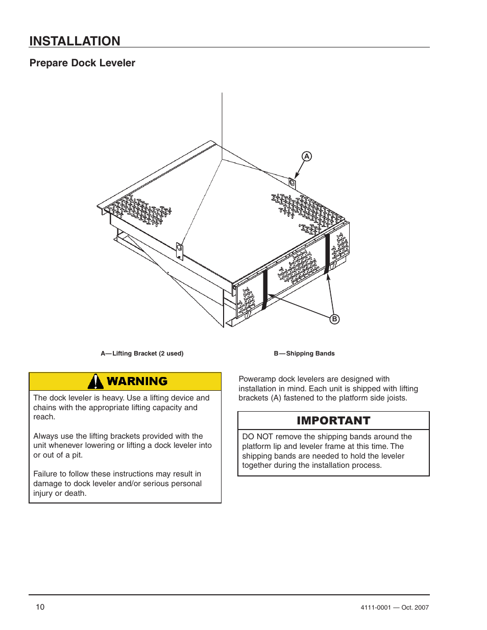 Installation, Important, Prepare dock leveler | Poweramp PR SERIES HYDRAULIC 4.2009 User Manual | Page 12 / 56