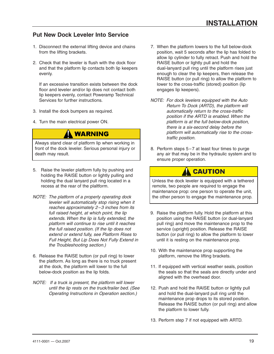 Installation, Put new dock leveler into service | Poweramp PR SERIES HYDRAULIC 4.2009 User Manual | Page 21 / 56