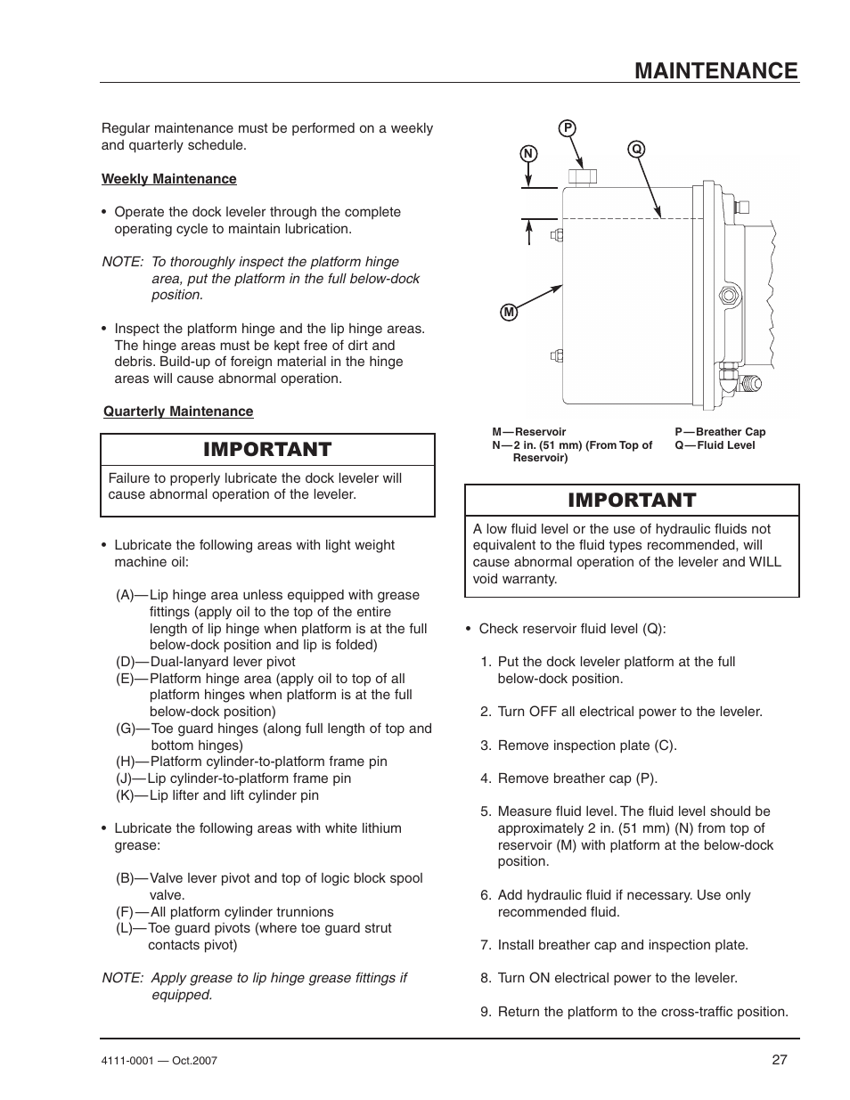 Maintenance, Important | Poweramp PR SERIES HYDRAULIC 4.2009 User Manual | Page 29 / 56