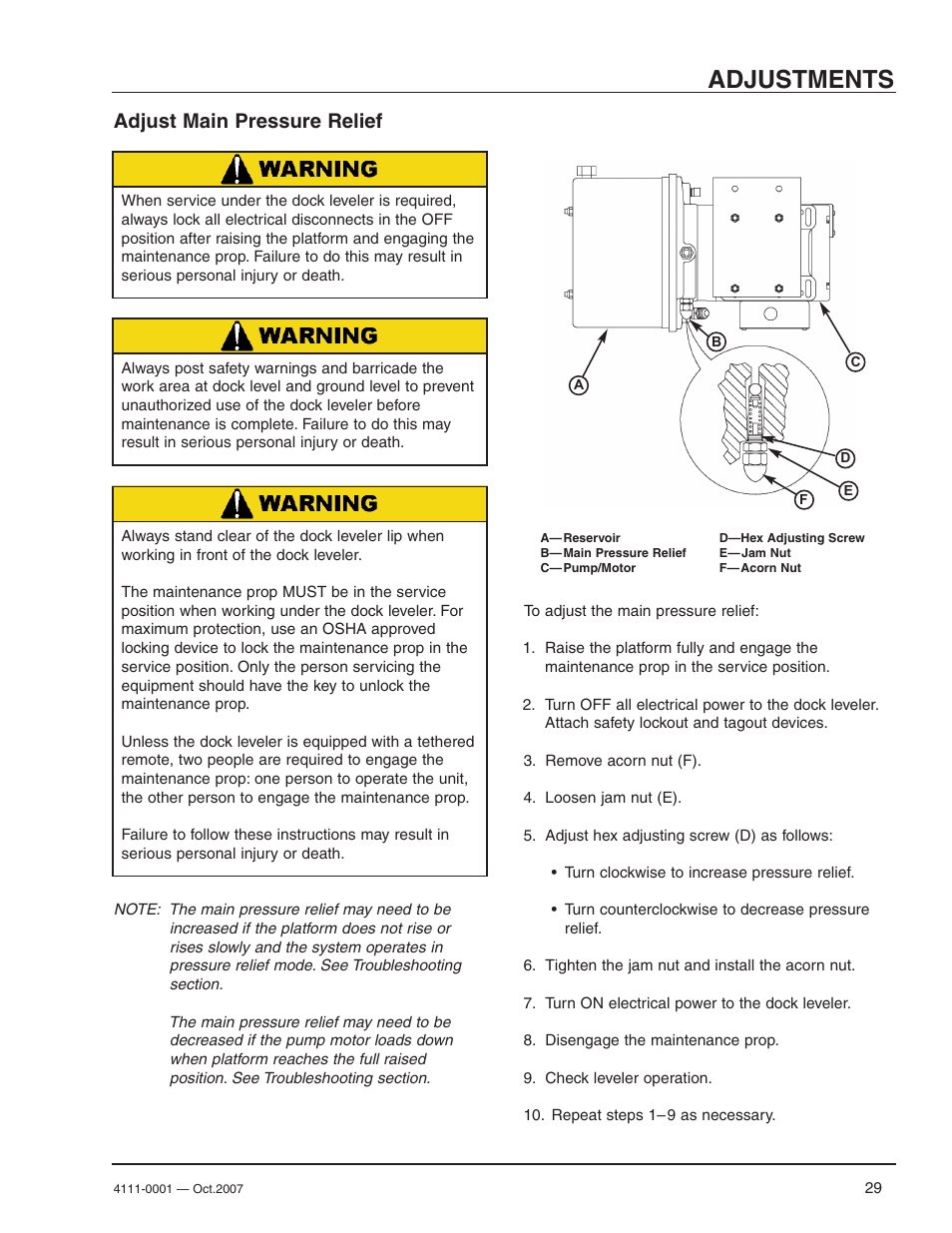 Adjustments, Adjust main pressure relief | Poweramp PR SERIES HYDRAULIC 4.2009 User Manual | Page 31 / 56