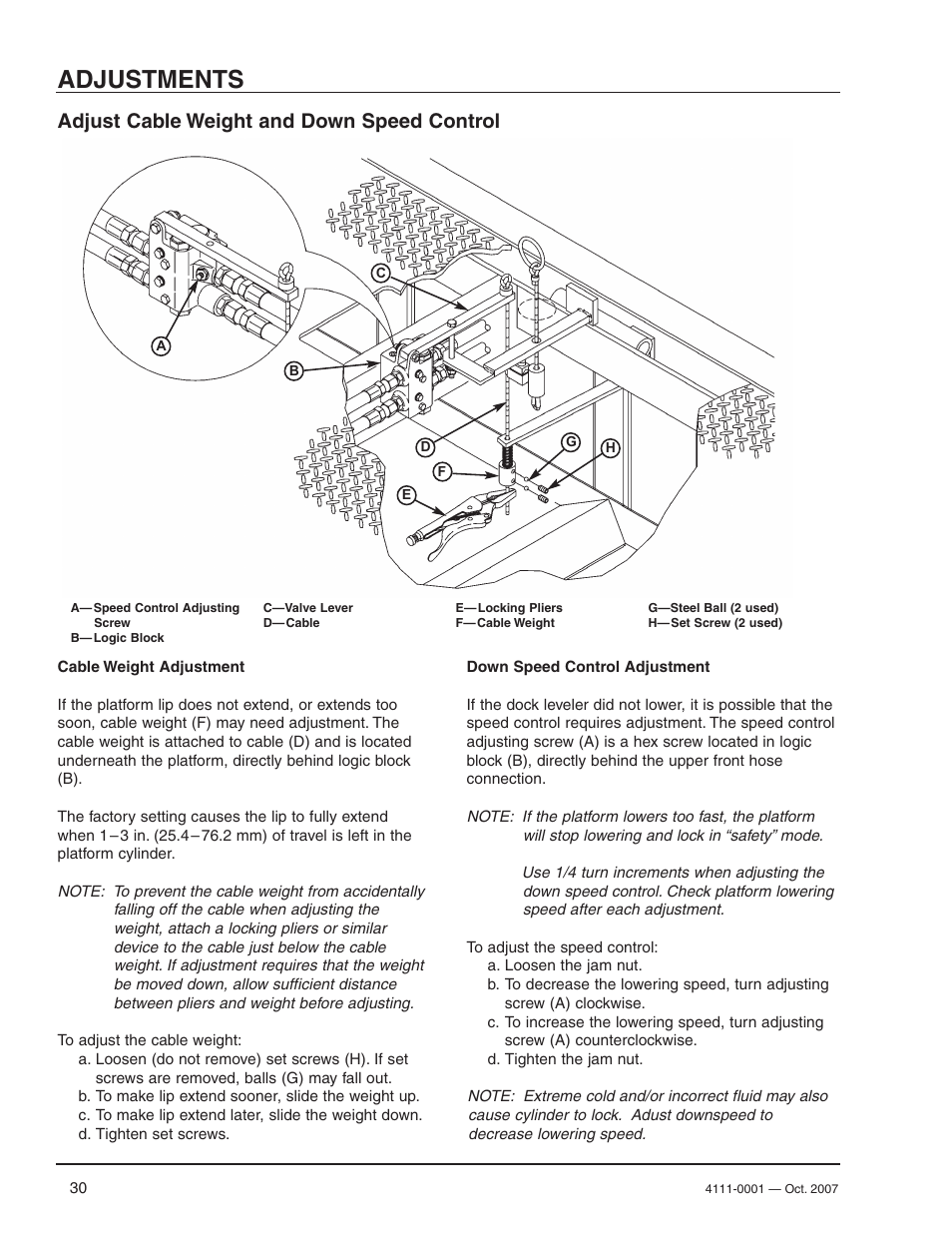 Adjustments, Adjust cable weight and down speed control | Poweramp PR SERIES HYDRAULIC 4.2009 User Manual | Page 32 / 56