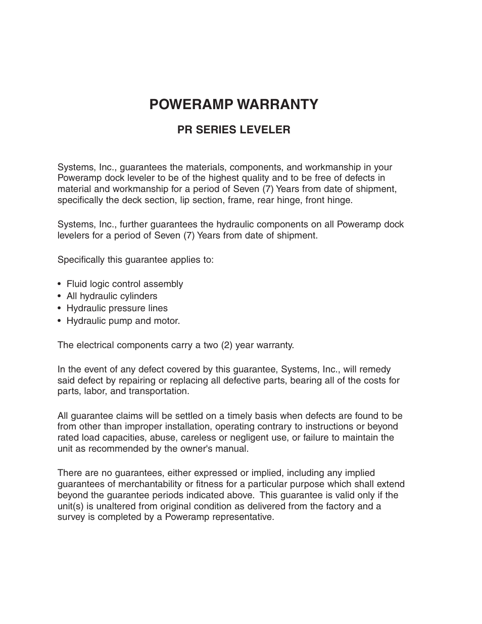 Poweramp warranty | Poweramp PR SERIES HYDRAULIC 4.2009 User Manual | Page 56 / 56