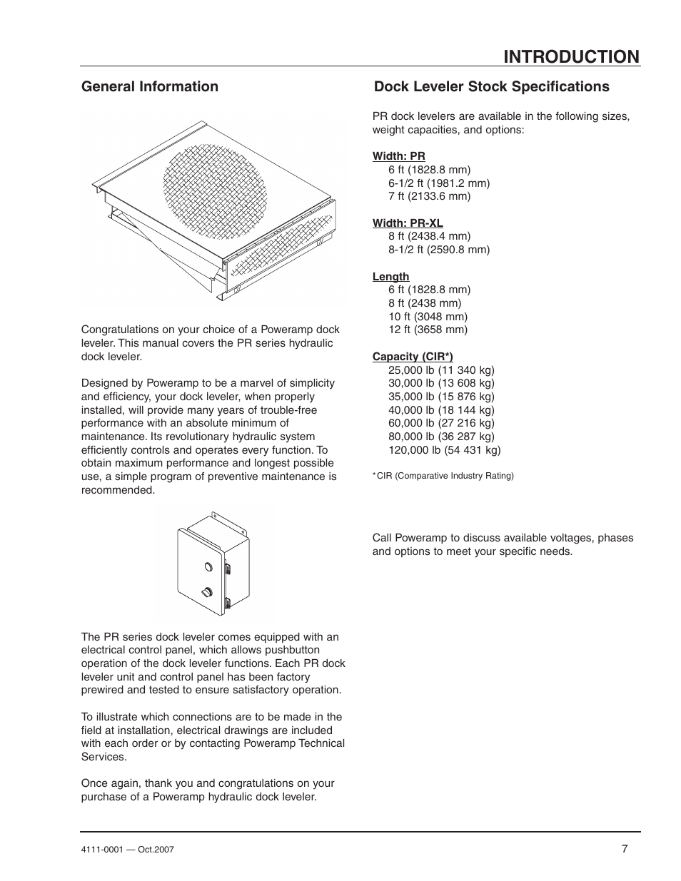 Introduction, General information, Dock leveler stock specifications | Poweramp PR SERIES HYDRAULIC 4.2009 User Manual | Page 9 / 56