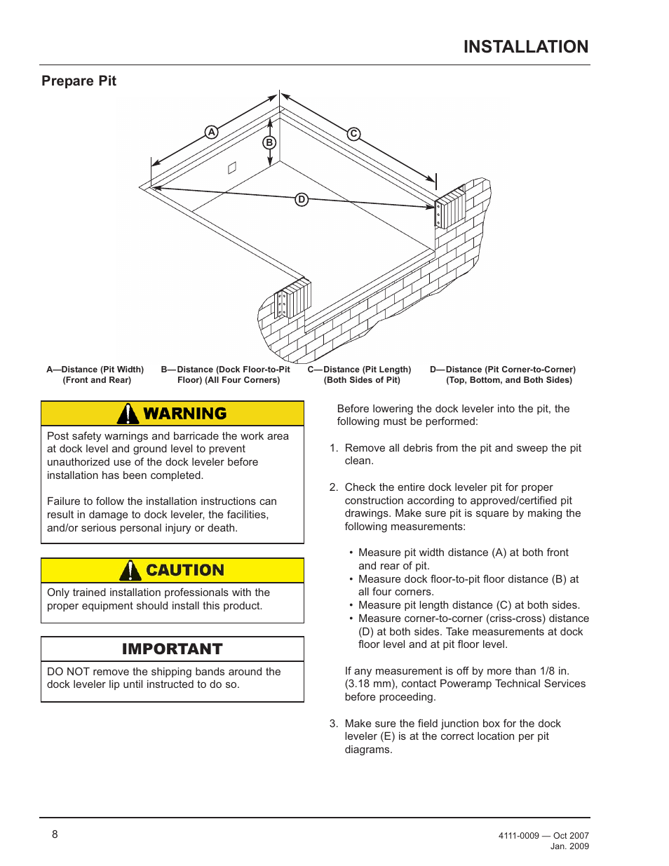 Installation, Important, Prepare pit | Poweramp AP SERIES AIR POWERED 4.2009 User Manual | Page 10 / 44