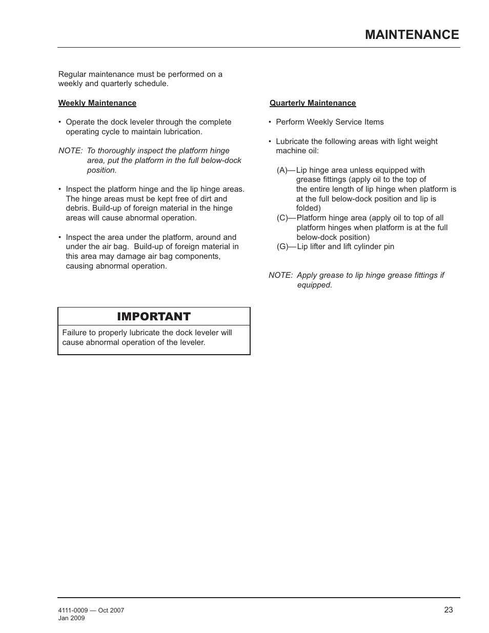 Maintenance, Important | Poweramp AP SERIES AIR POWERED 4.2009 User Manual | Page 25 / 44