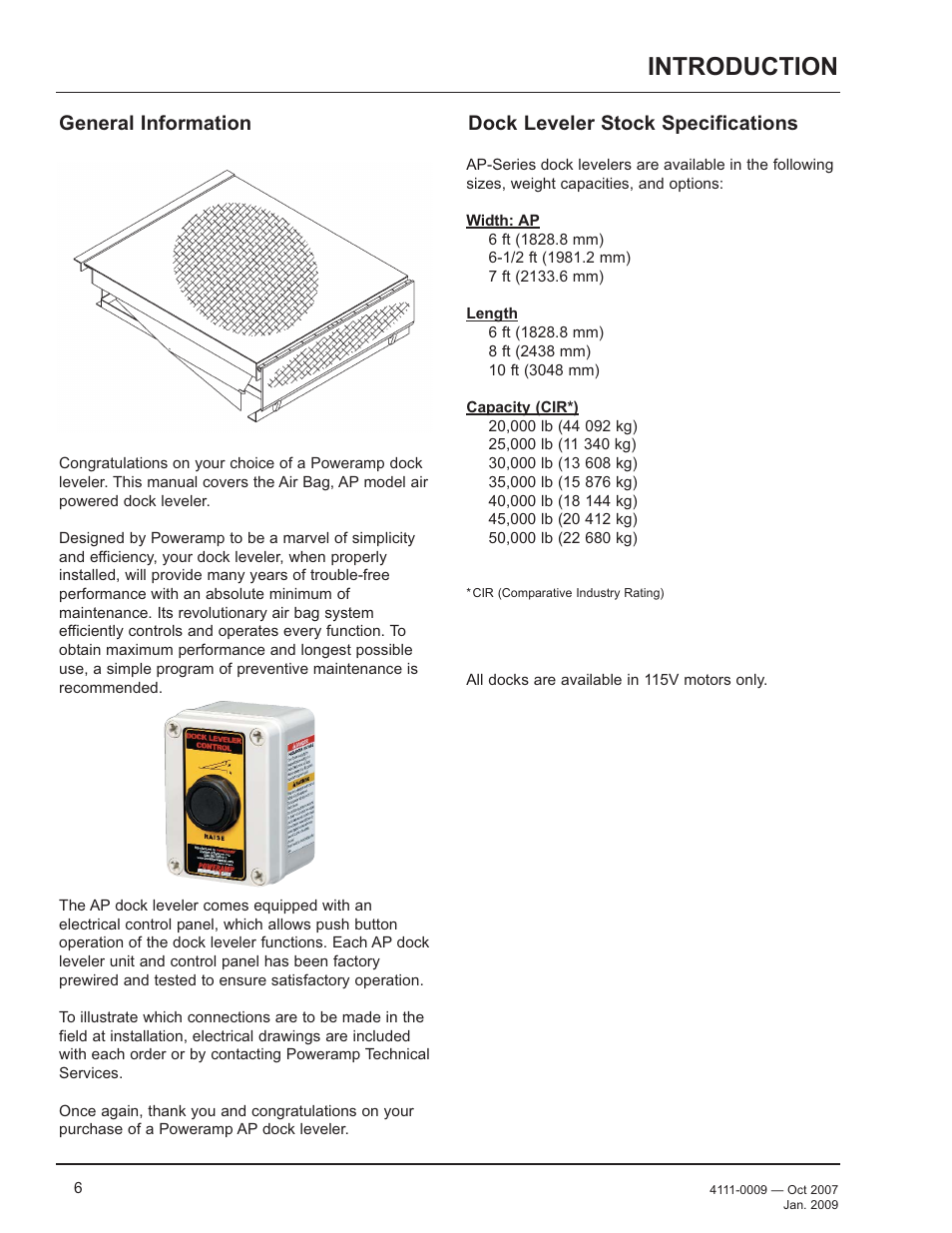 Introduction, General information, Dock leveler stock specifications | Poweramp AP SERIES AIR POWERED 4.2009 User Manual | Page 8 / 44