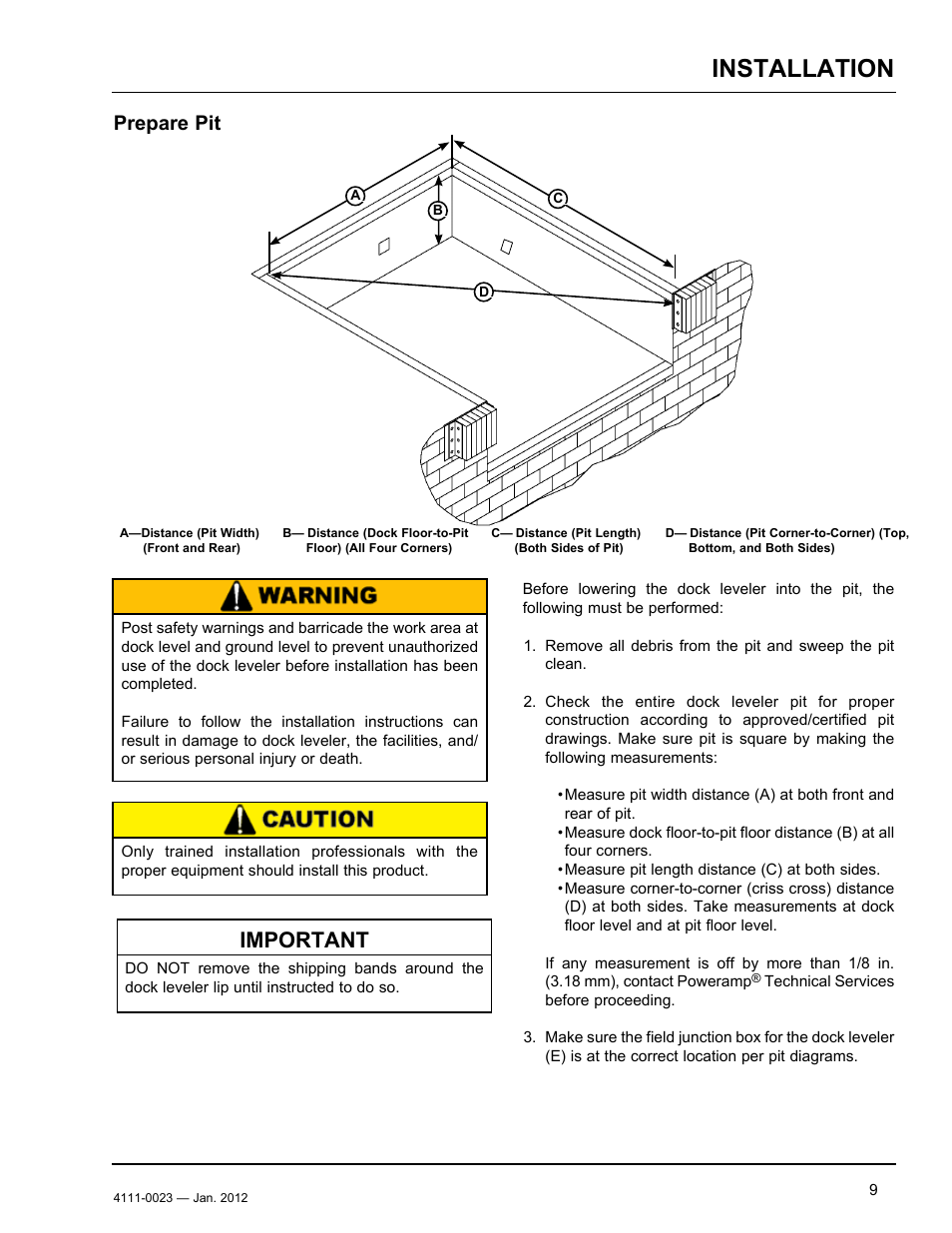 Installation, Important, Prepare pit | Poweramp CentraAir AIR POWERED 2.2012 User Manual | Page 11 / 44