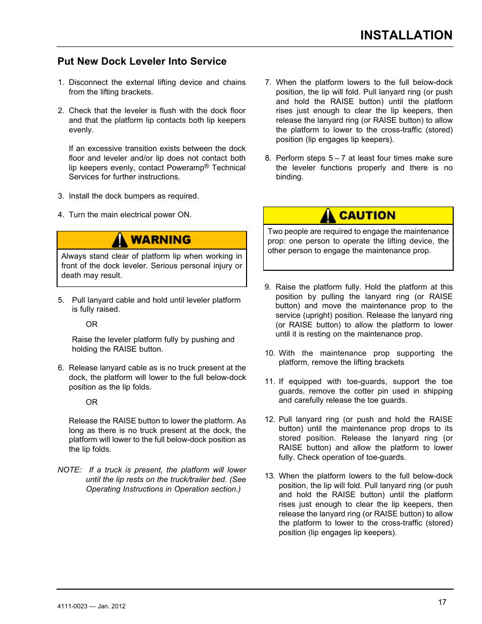 Installation, Put new dock leveler into service | Poweramp CentraAir AIR POWERED 2.2012 User Manual | Page 19 / 44